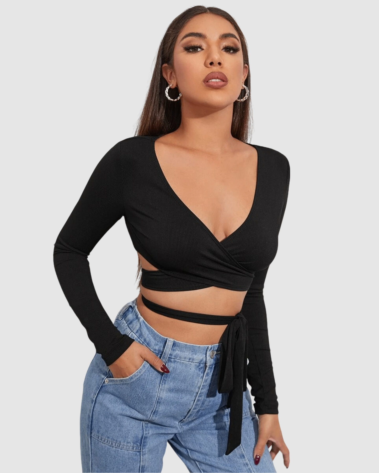 Cross Wrap Tie Rib-knit Crop Top