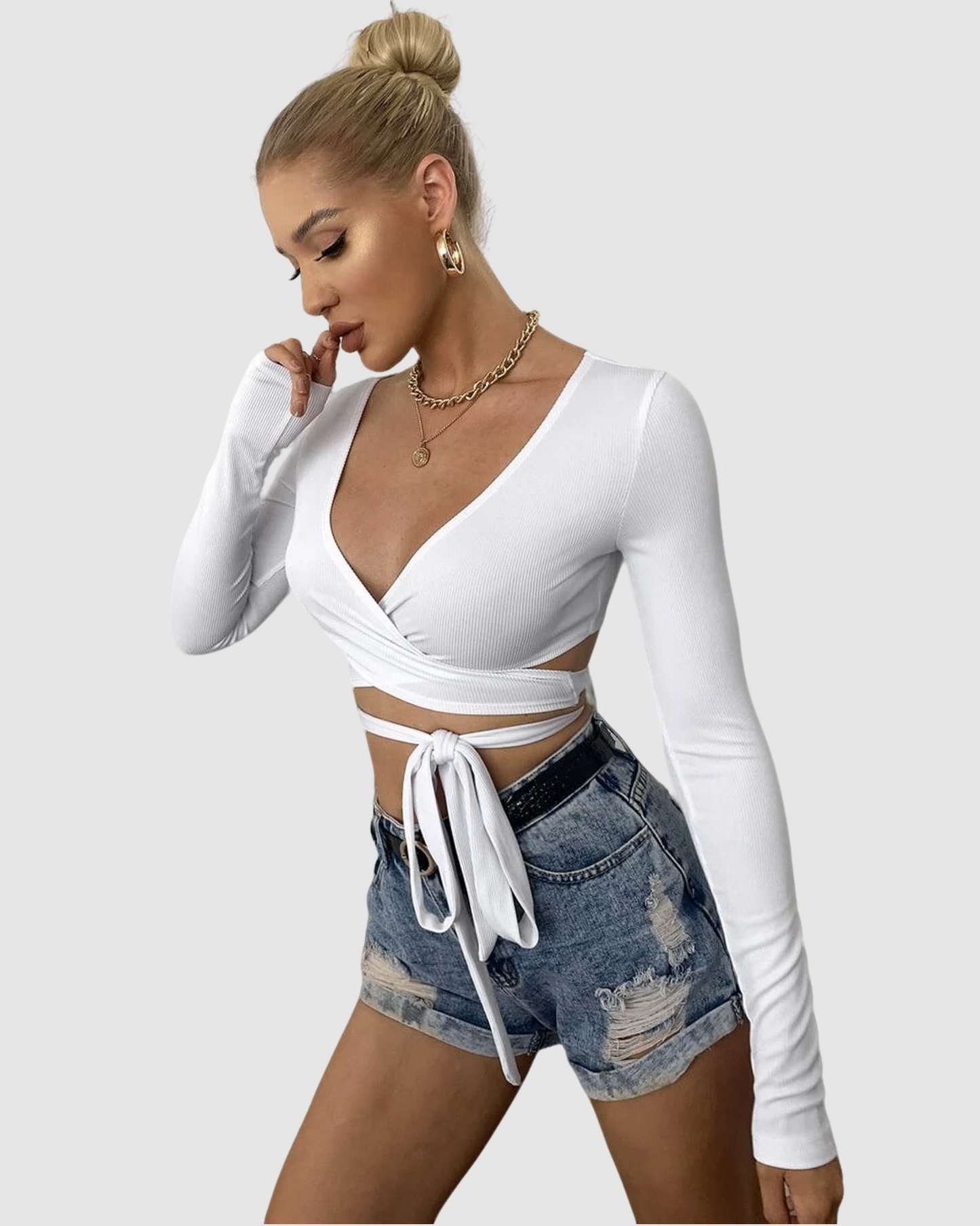 Cross Wrap Tie Rib-knit Crop Top